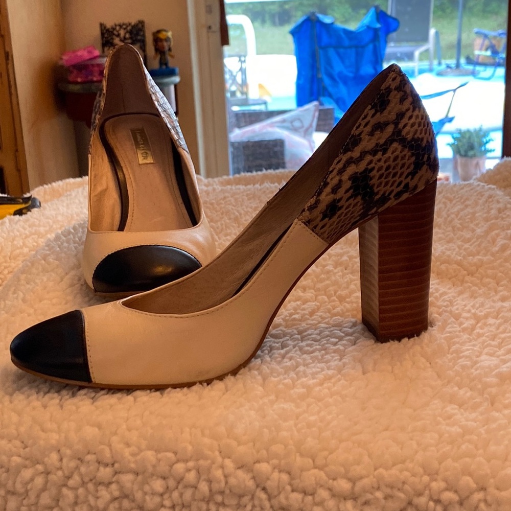 Louise et Cie 3 inch heels , cream, black and snake skin